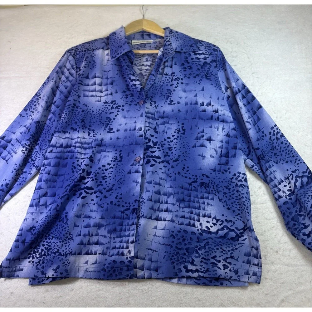 Drapers & Damons Y2K Tunic Blouse XL Abstract Animal Print Boho Blue Collared